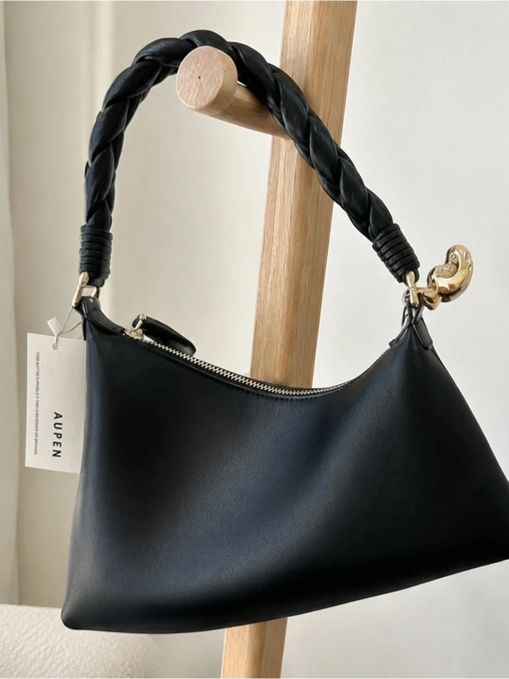 AUFEN Black Braided-Handle Shoulder Bag